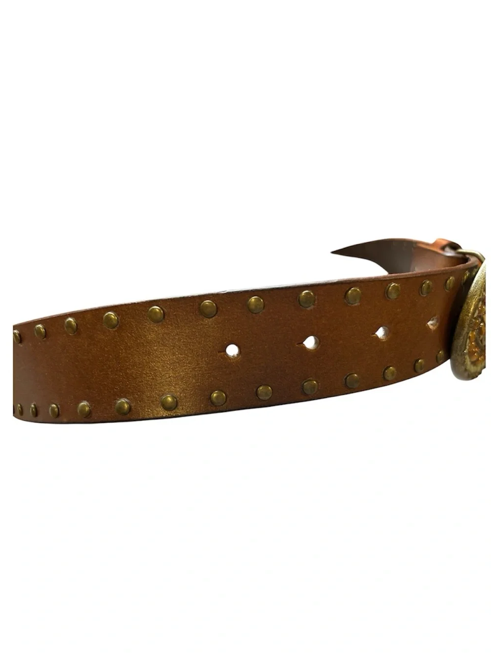 CAbi Vintage 2004 Boho Studded Brown Leather Belt Mosaic Stone Inlay Buckle